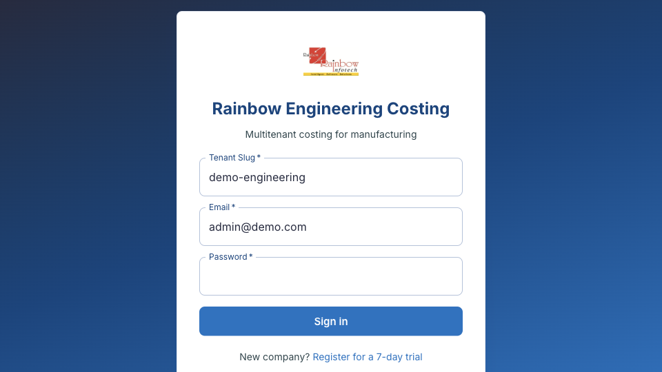 Rainbow Engineering Costing screenshot