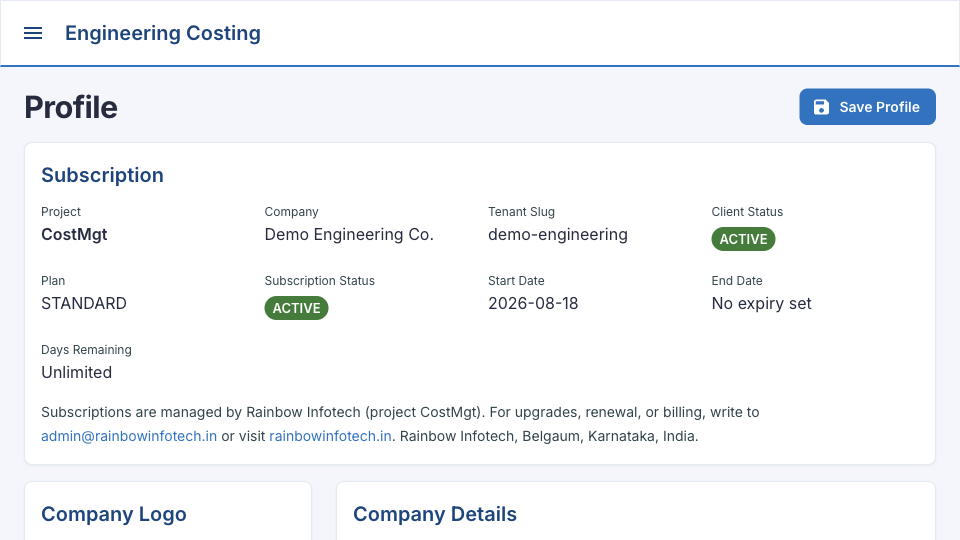 Rainbow Engineering Costing screenshot